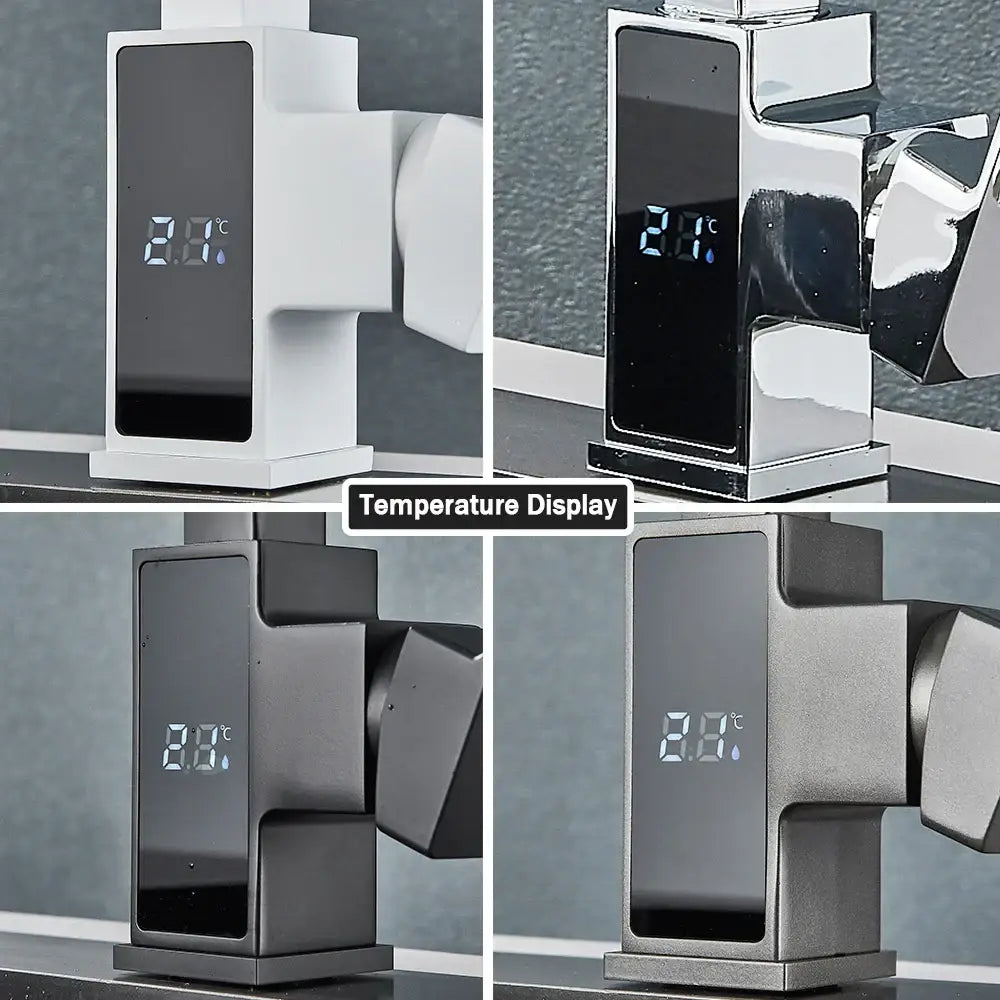 Modern white & black brass kitchen faucet with temperature display