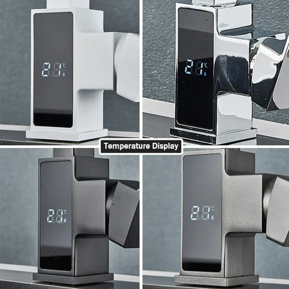 Modern white & black brass kitchen faucet with temperature display