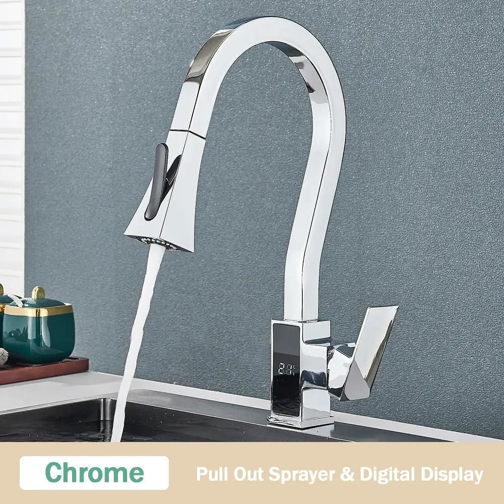 Modern white & black brass kitchen faucet with temperature display