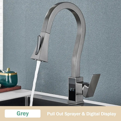 Modern white & black brass kitchen faucet with temperature display