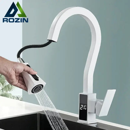 Modern white & black brass kitchen faucet with temperature display