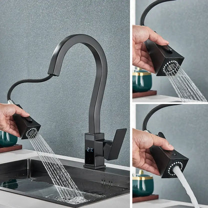 Modern white & black brass kitchen faucet with temperature display
