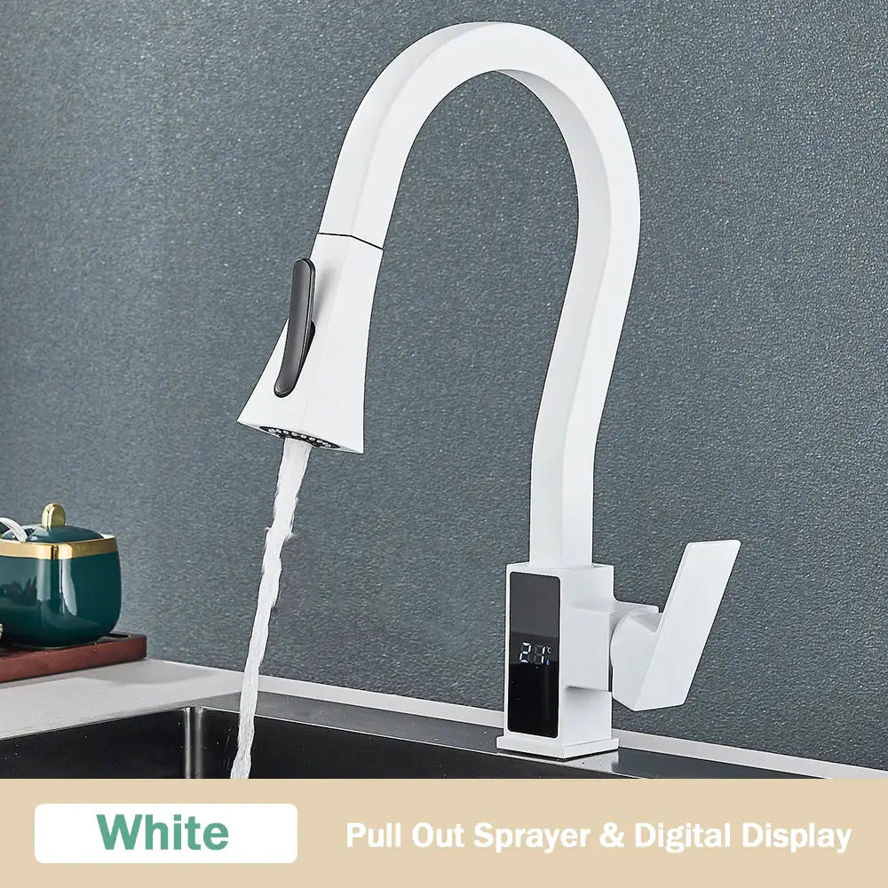Modern white & black brass kitchen faucet with temperature display
