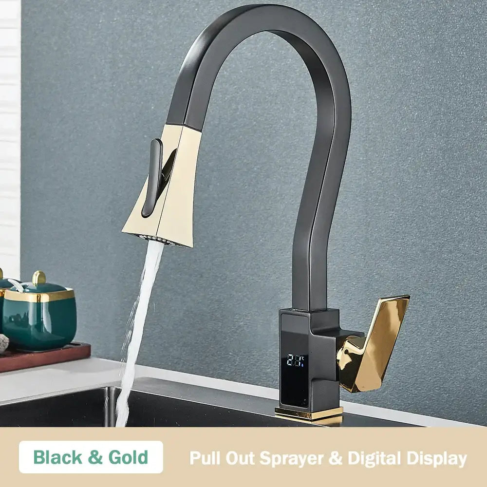 Modern white & black brass kitchen faucet with temperature display