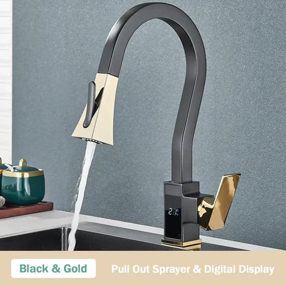Modern white & black brass kitchen faucet with temperature display