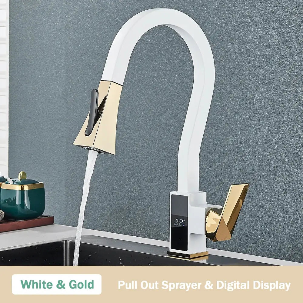 Modern white & black brass kitchen faucet with temperature display