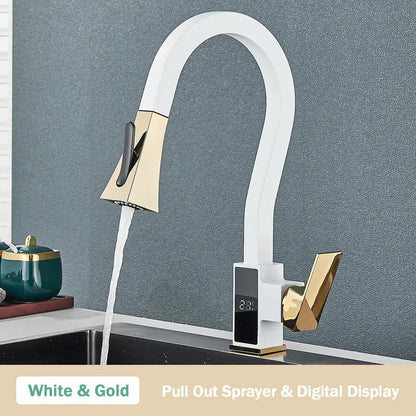 Modern white & black brass kitchen faucet with temperature display