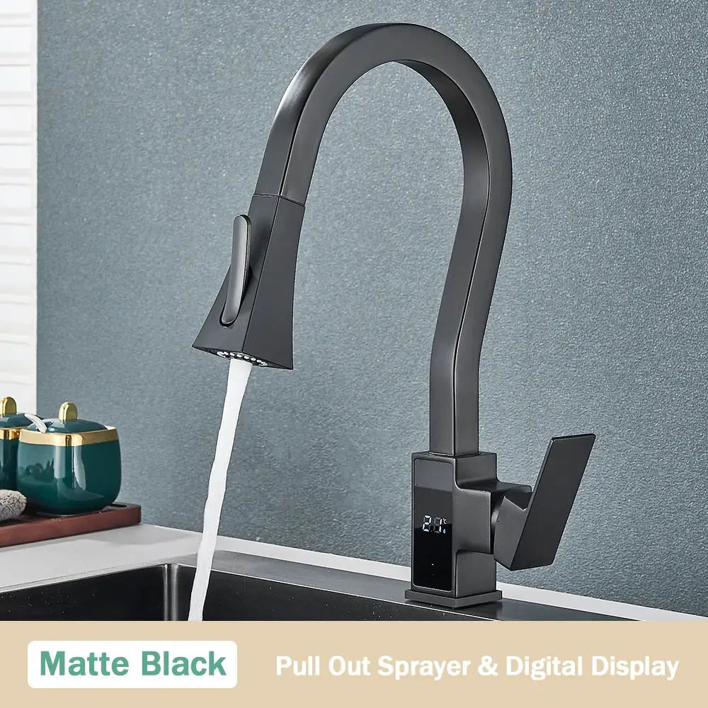 Modern white & black brass kitchen faucet with temperature display