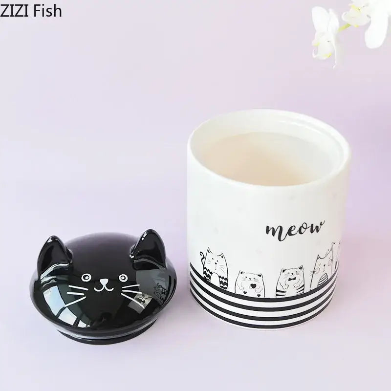 Modern white & black cat ceramic jewelry jar bedroom storage pot