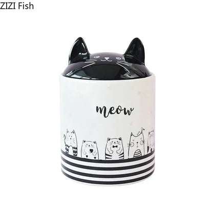Modern white & black cat ceramic jewelry jar bedroom storage pot