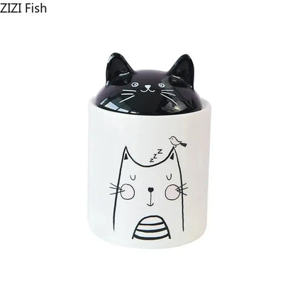 Modern white & black cat ceramic jewelry jar bedroom storage pot