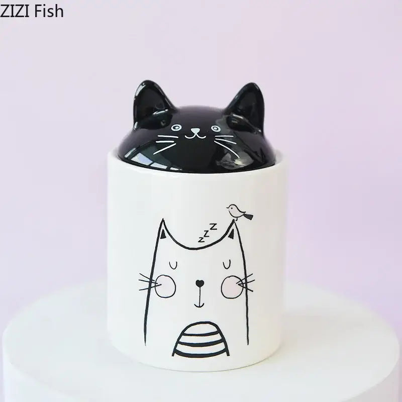 Modern white & black cat ceramic jewelry jar bedroom storage pot