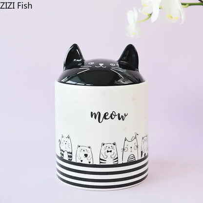 Modern white & black cat ceramic jewelry jar bedroom storage pot