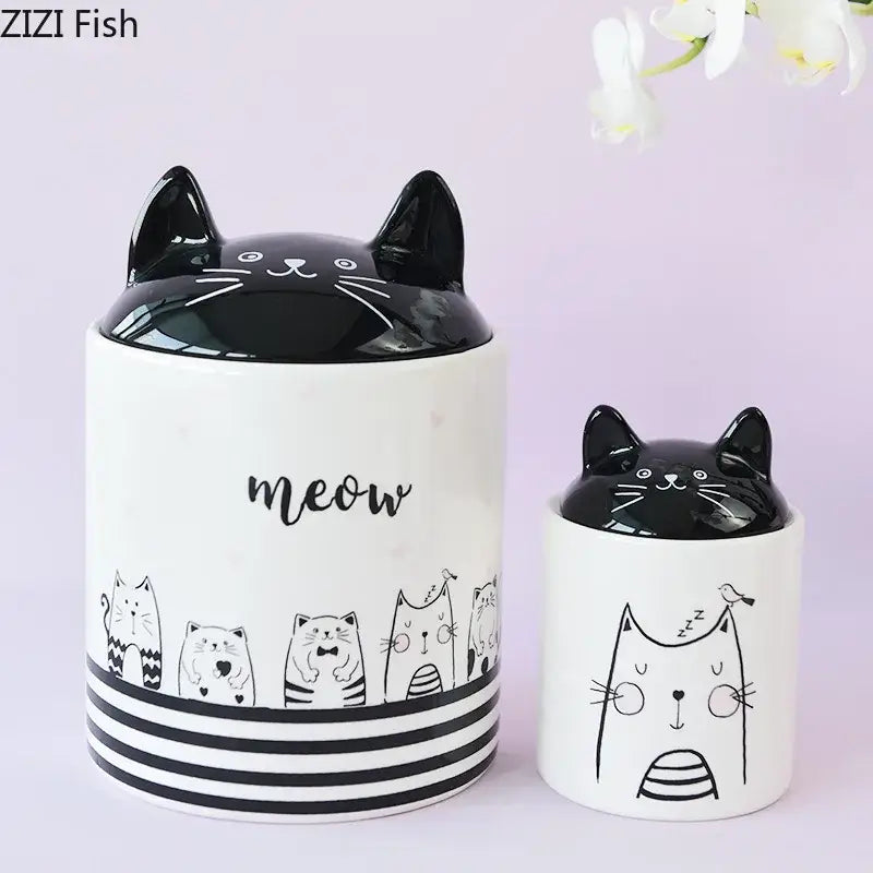 Modern white & black cat ceramic jewelry jar bedroom storage pot