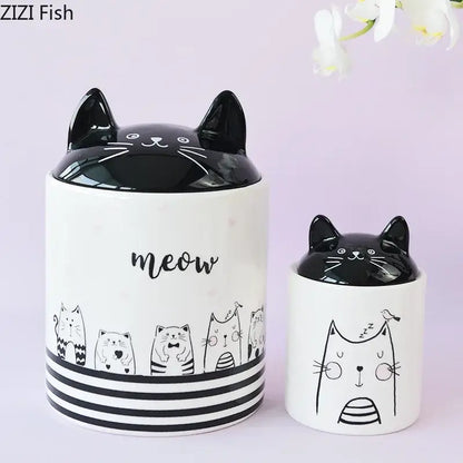 Modern white & black cat ceramic jewelry jar bedroom storage pot