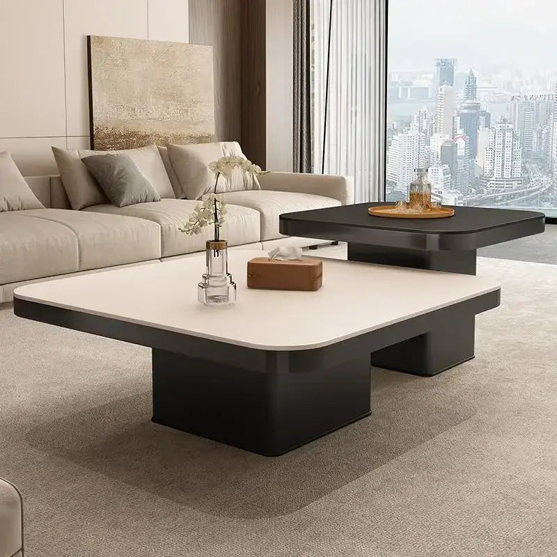 Modern white & black luxury rock square coffee table living room