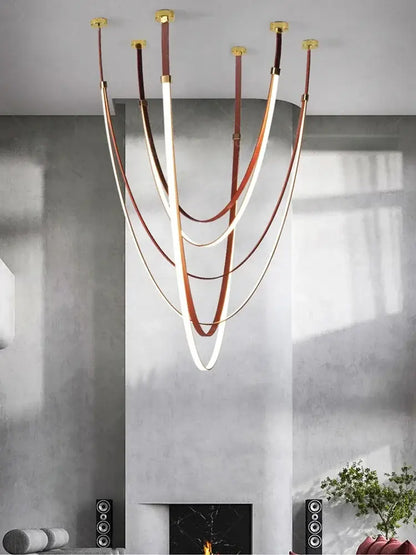 Modern white & brown leather chandelier dining room belt pendant light