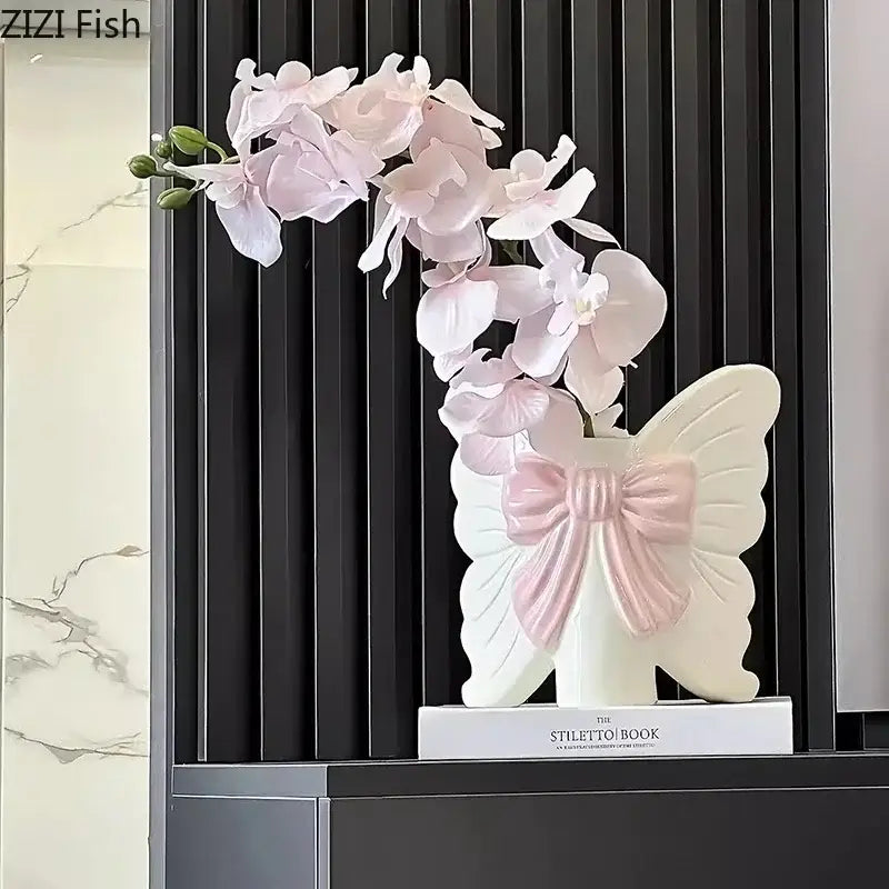 Modern white butterfly ceramic vase with pink bow bedroom decor