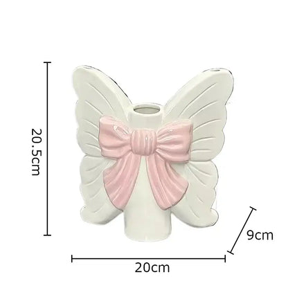 Modern white butterfly ceramic vase with pink bow bedroom decor