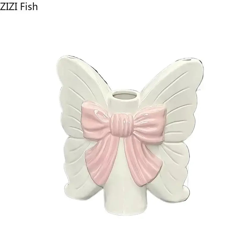 Modern white butterfly ceramic vase with pink bow bedroom decor