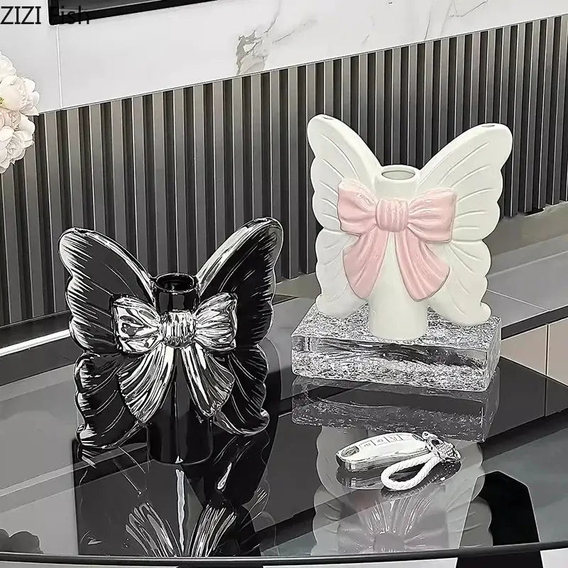 Modern white butterfly ceramic vase with pink bow bedroom decor