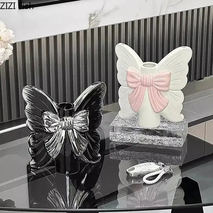 Modern white butterfly ceramic vase with pink bow bedroom decor