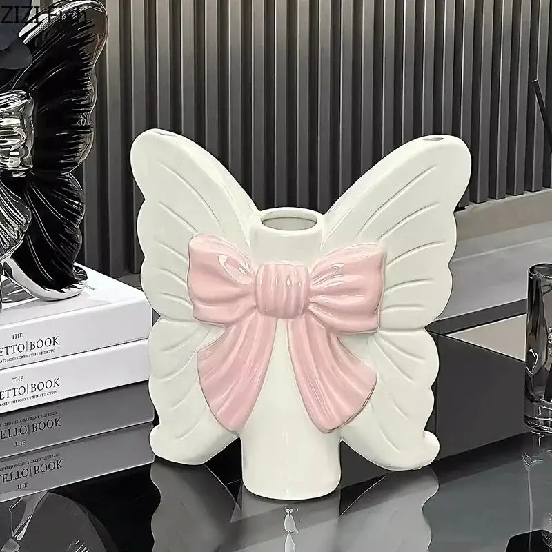 Modern white butterfly ceramic vase with pink bow bedroom decor