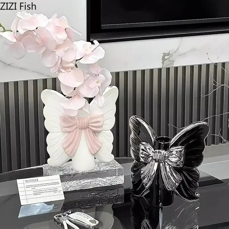 Modern white butterfly ceramic vase with pink bow bedroom decor