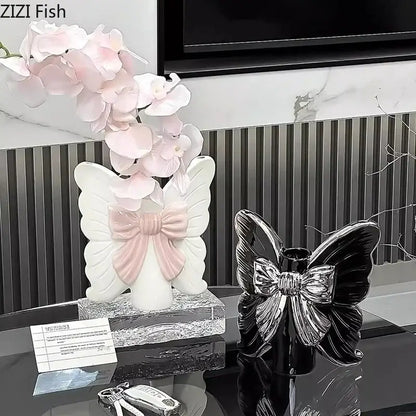 Modern white butterfly ceramic vase with pink bow bedroom decor