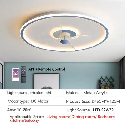 Modern white ceiling fan with led light and transparent blades bedroom