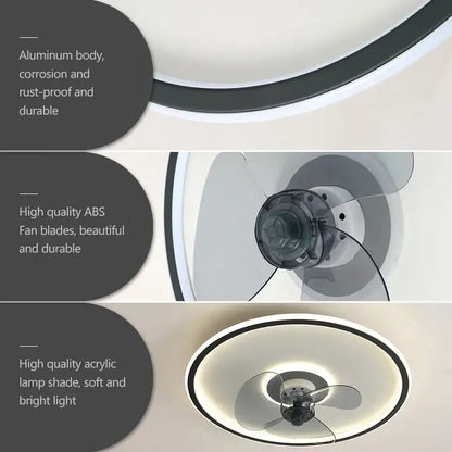 Modern white ceiling fan with led light and transparent blades bedroom
