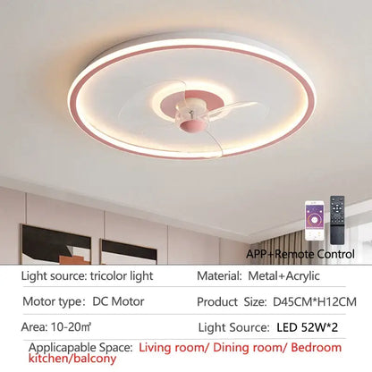Modern white ceiling fan with led light and transparent blades bedroom