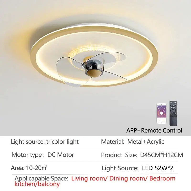 Modern white ceiling fan with led light and transparent blades bedroom