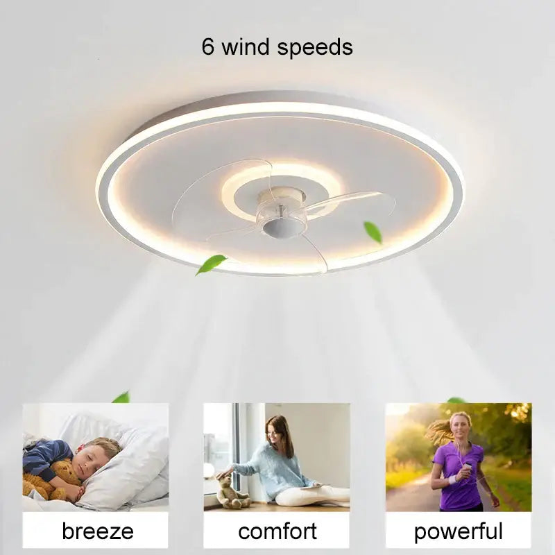 Modern white ceiling fan with led light and transparent blades bedroom