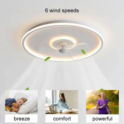 Modern white ceiling fan with led light and transparent blades bedroom