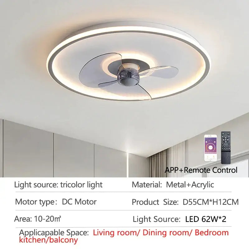 Modern white ceiling fan with led light and transparent blades bedroom