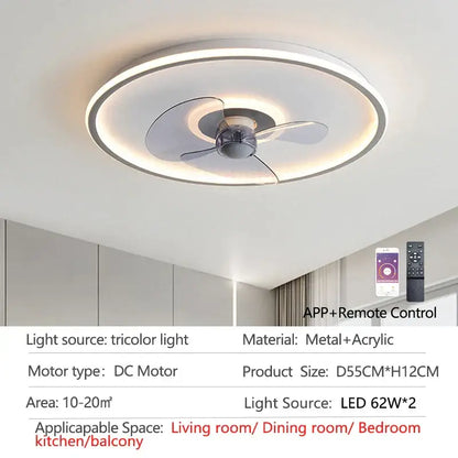 Modern white ceiling fan with led light and transparent blades bedroom