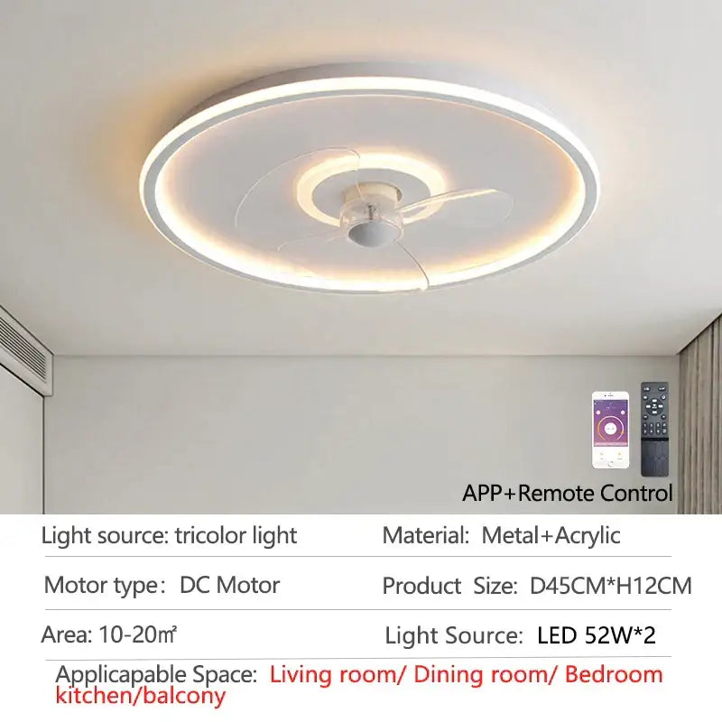Modern white ceiling fan with led light and transparent blades bedroom