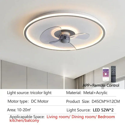 Modern white ceiling fan with led light and transparent blades bedroom