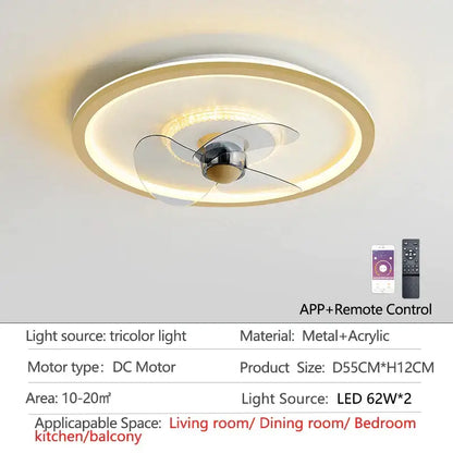 Modern white ceiling fan with led light and transparent blades bedroom