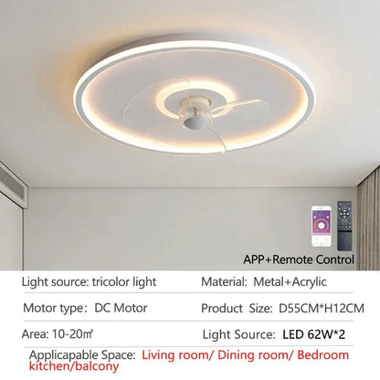 Modern white ceiling fan with led light and transparent blades bedroom