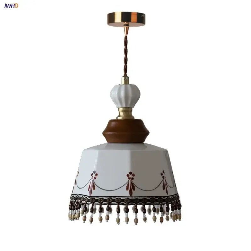 Modern white ceramic and wood pendant light dining room tassel decor