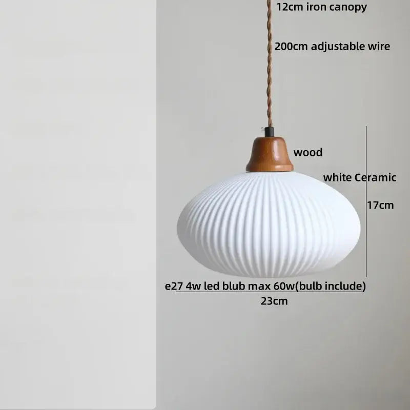 Modern white ceramic and wood pendant light dining room tassel decor