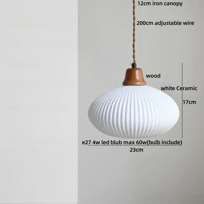Modern white ceramic and wood pendant light dining room tassel decor