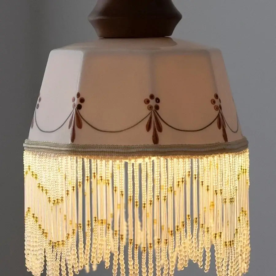 Modern white ceramic and wood pendant light dining room tassel decor