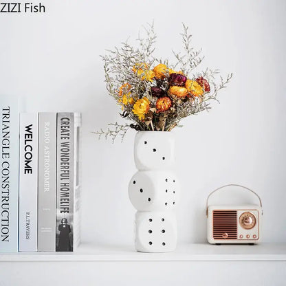 Modern white ceramic dice vase desk decor for living room