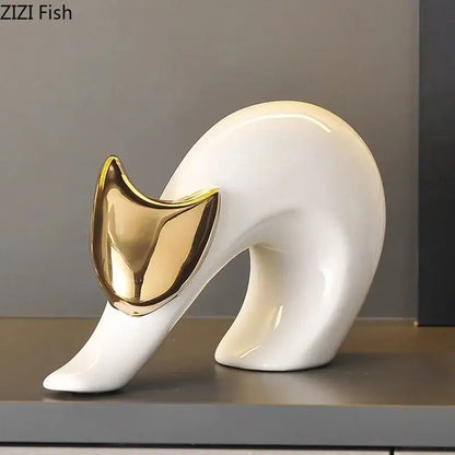 Modern white ceramic kitten statue gold ears living room decor