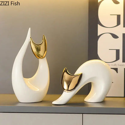 Modern white ceramic kitten statue gold ears living room decor