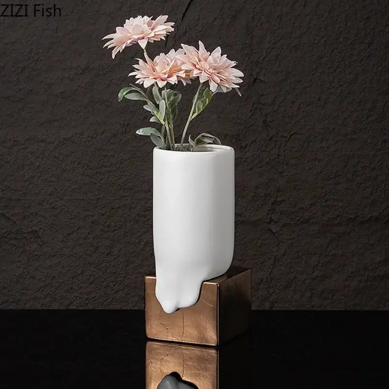 Modern white ceramic liquid vase living room melting bronze decor