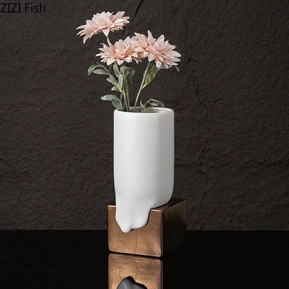 Modern white ceramic liquid vase living room melting bronze decor